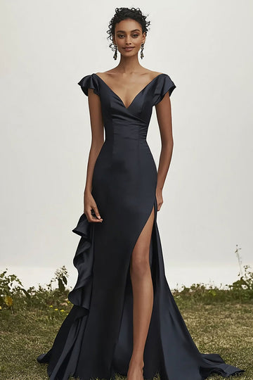 Svart V-ringad Sjöjungfru Satin Ruffles Balklänning
